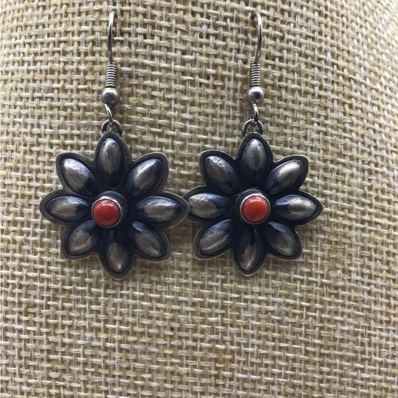 Vintage RJ Sterling Zuni Navajo Flower Red Coral Turquoise Dangle Earrings - Picture 4 of 7